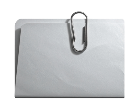 Paperclip holding plain white paper document stationery item