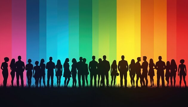 Diverse group of people silhouettes stand together on grassy area. Represent strong social community, equality, pride for human rights movement. Vibrant rainbow colors form background for crowd, - Powered by Adobe