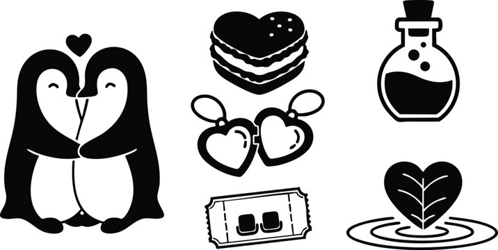 Flat vector art of hugging penguin couple with heart icons love potion bottle movie tickets layered heart cake and leaf heart in water for valentines day