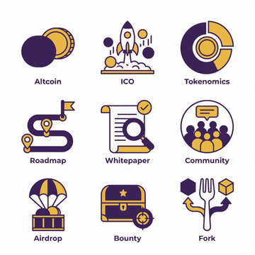 Cryptocurrency and Blockchain Concept Icons Set. Modern Line Vector Illustrations of Altcoin, ICO, Tokenomics, Roadmap, Whitepaper, Airdrop, Bounty, Fork for Crypto Projects