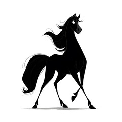 Black horse trotting in a playful manner on a white background