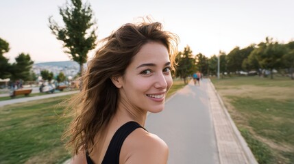 Joyful young woman jogging on a scenic pathway during golden hour