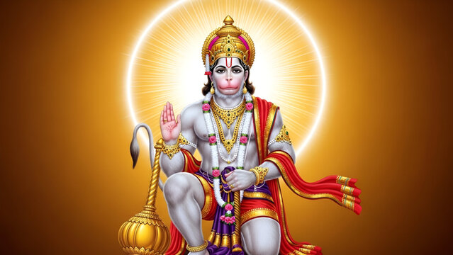 Supreme Powerful Lord Hanuman Embracing Devotion Blessing The World With His Divine Mace Seated In Meditative Pose Wearing Golden Crown And Ornaments Against A Radiant Gold Background Artistic Indian 