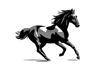 Stylized black and white running horse with lines in motion