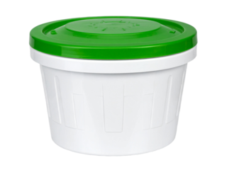 White plastic food storage container with a bright green lid