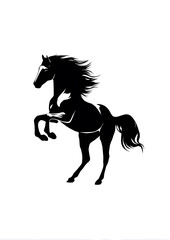 Majestic black horse rearing with flowing mane and tail in a bold silhouette against a white background