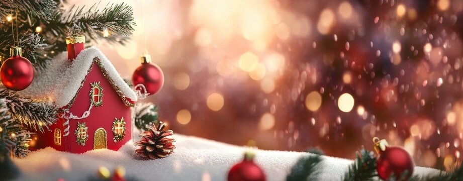 Red bauble in snowy foreground, cottage and warm bokeh lights, miniature house, pine sprigs with berries, holiday nostalgia, ideal for seasonal storytelling - Powered by Adobe