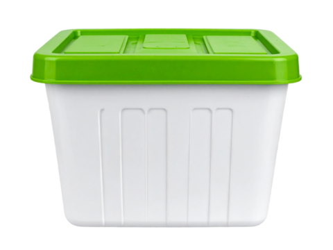 White plastic storage container with a bright green lid on white