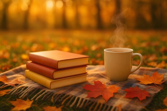 Stacked books and steaming coffee mug on autumn blanket