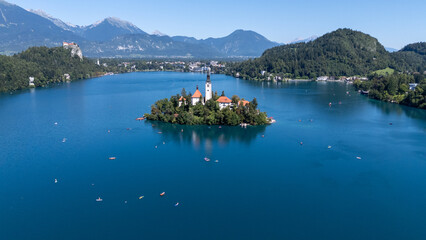 Scenic aerial view of Lake Bled with the church and castle in Slovenia