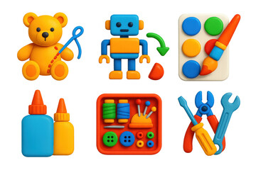 Fototapeta premium Collection of toys and tools, including a robot, a teddy bear