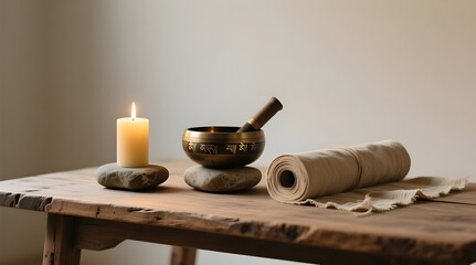 Singing Bowl, Candle, and Rolled Towel - Meditation, Zen, Spiritual Still Life