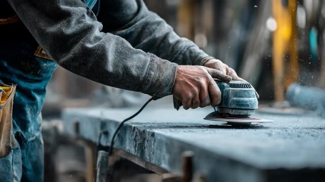 Medium shot of a worker manually smoothing rough casting surfaces using a handheld surface grinder in an industrial workshop setting.