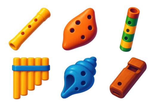 Collection of musical instruments, including a flute, a tambourine