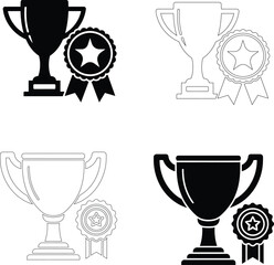 Trophy Cup and Award Ribbon Vector Icons – Winner and Achievement Symbols