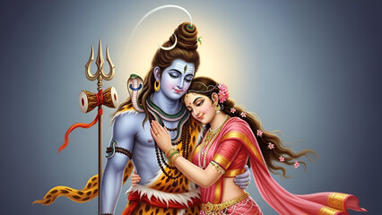 Fototapeta premium Mahadev Lord Shiva Parvati Embrace Love Affectionate Couple Divine Hindu Gods Together Traditional Clothing Mythology Romantic Background Bholenath Shankar Mahashivratri Festival 
