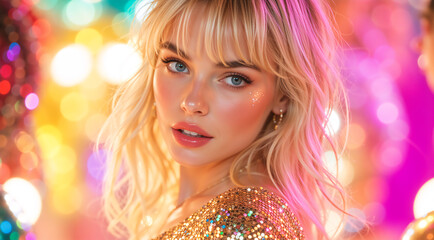 Glamorous blonde woman with party makeup and glitter. Portrait of a young female in a gold sequin top. New year celebration and beauty concept