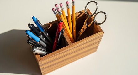 A wooden desk organizer filled with pens pencils and scissors on a white surface in bright light ai generated