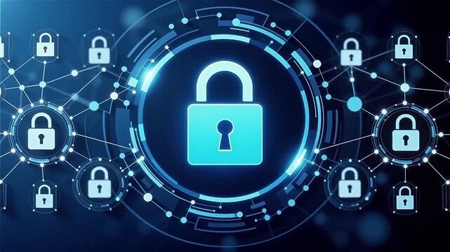 Hand pressing a glowing digital padlock icon on a futuristic blue interface, symbolizing cybersecurity, data protection, and secure network access in the digital age.