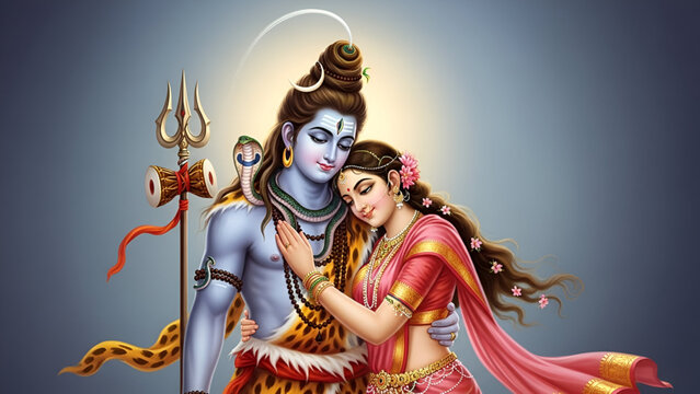 Mahadev Lord Shiva Parvati Embrace Love Affectionate Couple Divine Hindu Gods Together Traditional Clothing Mythology Romantic Background Bholenath Shankar Mahashivratri Festival
