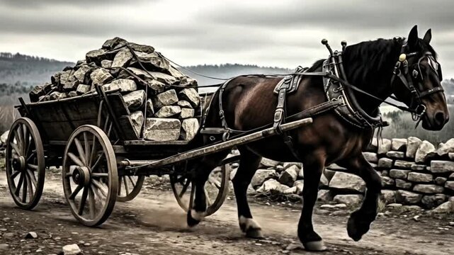 Video, a horse pulling a cart full of stones for movies, cinema, film, background, 90s style, assets,