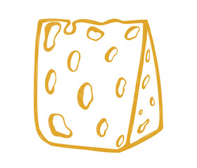 Hand drawn italian food in doodle style. Cheese pieces in quirky crayon style. Italy ingredient, cheese chunk, mediterranean dinner element for pasta, pizza, menu. Minimal doodle sketch. Vector illust