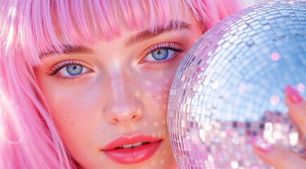 A young woman with vibrant pink hair and blue eyes holding a disco ball. Glamorous party and beauty makeup concept. Festive New Year celebration style