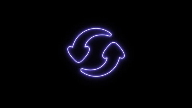 A neon purple circular arrow symbol glows brightly against a black backdrop. Neon Icon. Neon Sign