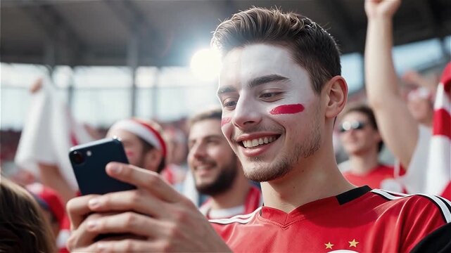 Young male soccer fan with red face paint smiles while using smartphone at a stadium during a live match, surrounded by cheering supporters in team jerseys.