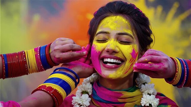 Joyful Indian woman laughing with eyes closed as friends apply vibrant Holi colors to her face, celebrating the festival of colors with colorful bangles and floral garland.