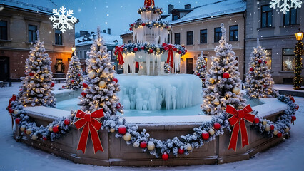 Christmas lights decorate the city street market and architecture in a European town during the winter holiday celebration