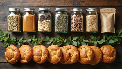 Glass jars filled with grains spices herbs, seeds arranged neatly on rustic wood surface. Fresh baked buns, green leaves adorn bottom. Sustainable kitchen pantry organized for healthy eating, cooking.