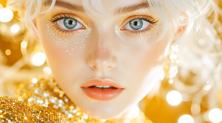 A close-up beauty portrait of a woman with festive gold glitter makeup. Young blonde model with blue eyes and sparkling cosmetics for a new year party