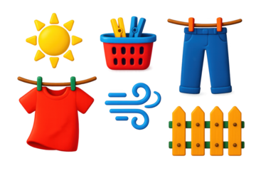 Set of cartoon images of clothes and laundry items, including a shirt