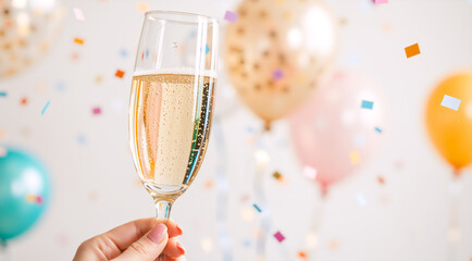 Woman's hand holding a glass of sparkling champagne at a party. Festive background with colorful confetti and balloons for a New Year or birthday celebration
