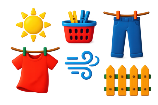Set of cartoon images of clothes and laundry items, including a shirt