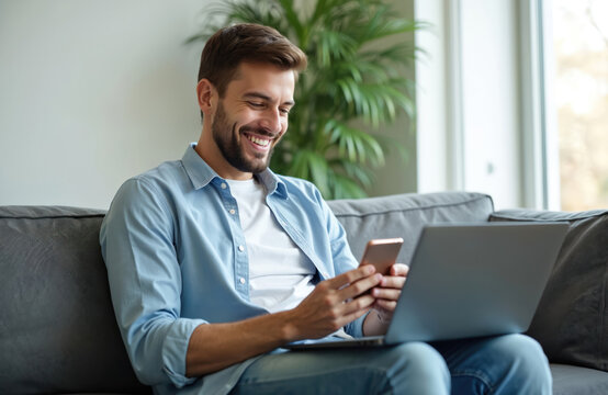 Smiling bearded man sits on comfy gray sofa. Uses modern laptop, mobile cell phone for work, leisure at home. Young guy works remotely, browses internet, communicates online. Happy male enjoys - Powered by Adobe