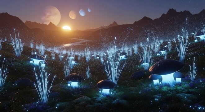 Alien landscape with glowing plants and structures under a sunset sky.