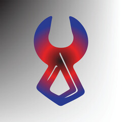 Abstract red and blue wrench logo design on a gray gradient background