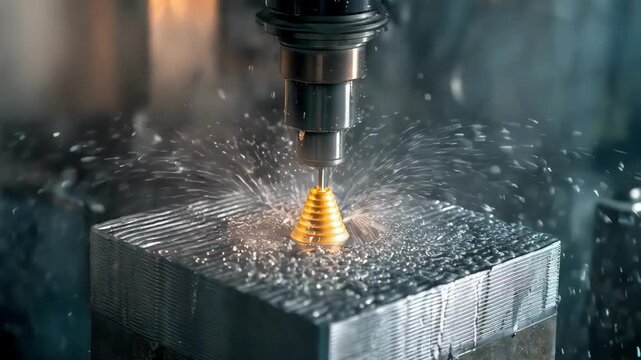 Threedimensional chemical etching process in progress showing layers of metal being sculpted with precision for complex industrial designs.