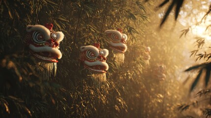Traditional lion dance masks floating in misty bamboo grove