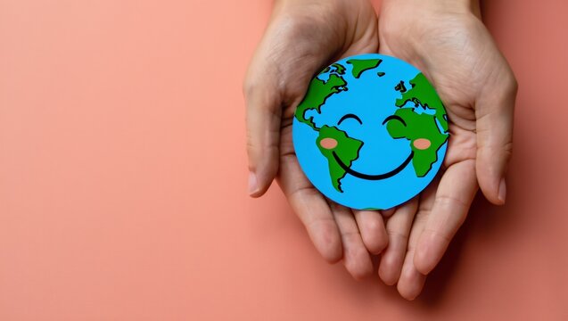 Hands gently holding a happy cartoon earth - Powered by Adobe