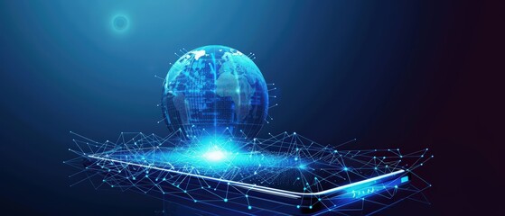 Futuristic smartphone projecting a glowing holographic globe with interconnected digital nodes, symbolizing global communication, high-tech connectivity, data transfer and modern mobile technology.