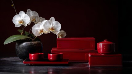 Traditional tea ceremony setup with red lacquer boxes and blooming orchids