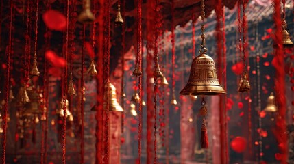 Golden temple bells hanging among red paper decorations