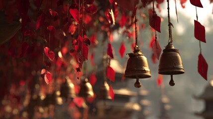 Obraz premium Golden temple bells hanging among red paper decorations