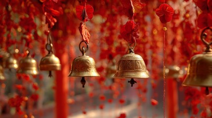 Golden temple bells hanging among red paper decorations