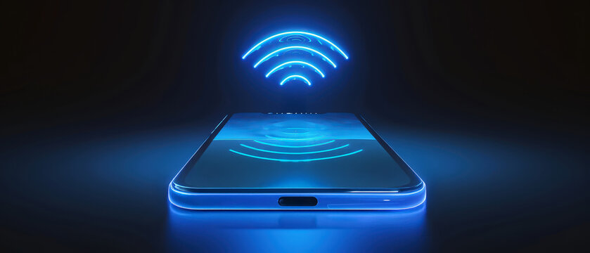 Futuristic smartphone projecting a bright holographic wireless signal icon above the screen, glowing in blue light and symbolizing modern connectivity, digital communication and high-tech innovation.