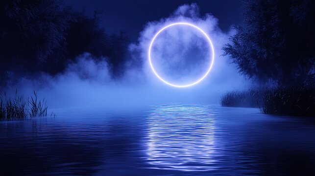 Mysterious Nighttime Landscape with Neon - Ring Illusion over a Calm Lake and Misty Atmosphere