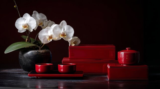 Traditional tea ceremony setup with red lacquer boxes and blooming orchids